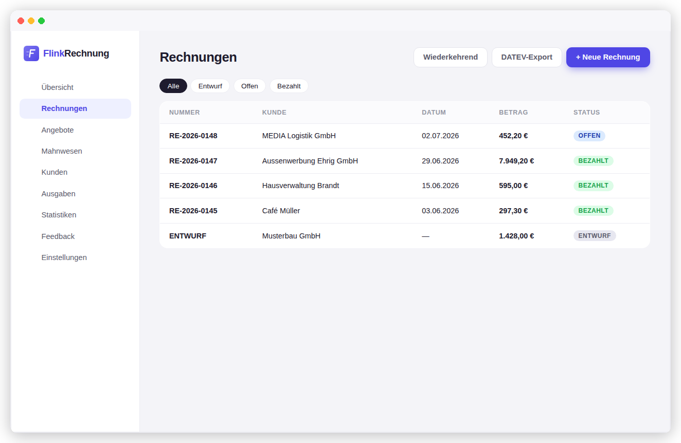 FlinkRechnung Rechnungsliste mit Status und DATEV-Export